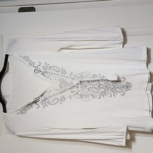 INC International Concepts White Blouse with Silver Embroidery And Bling.